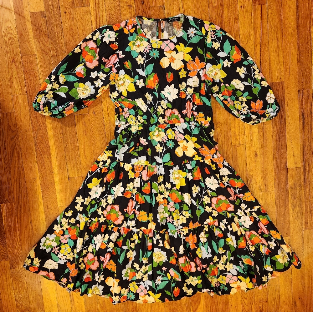 KATE SPADE Size L Flower Bed Lawn Dress Black Colorful Midi Pockets NO BELT EUC